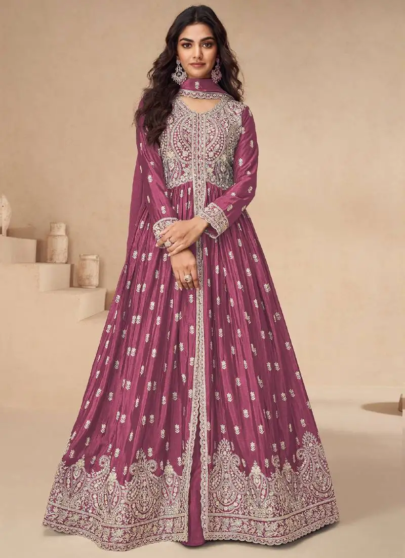 Pink chinon silk embroidered sequence anarkali suit semi stitched