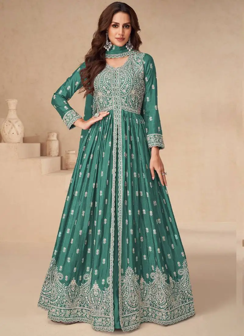 Sea green chinon silk embroidered sequence anarkali suit semi stitched