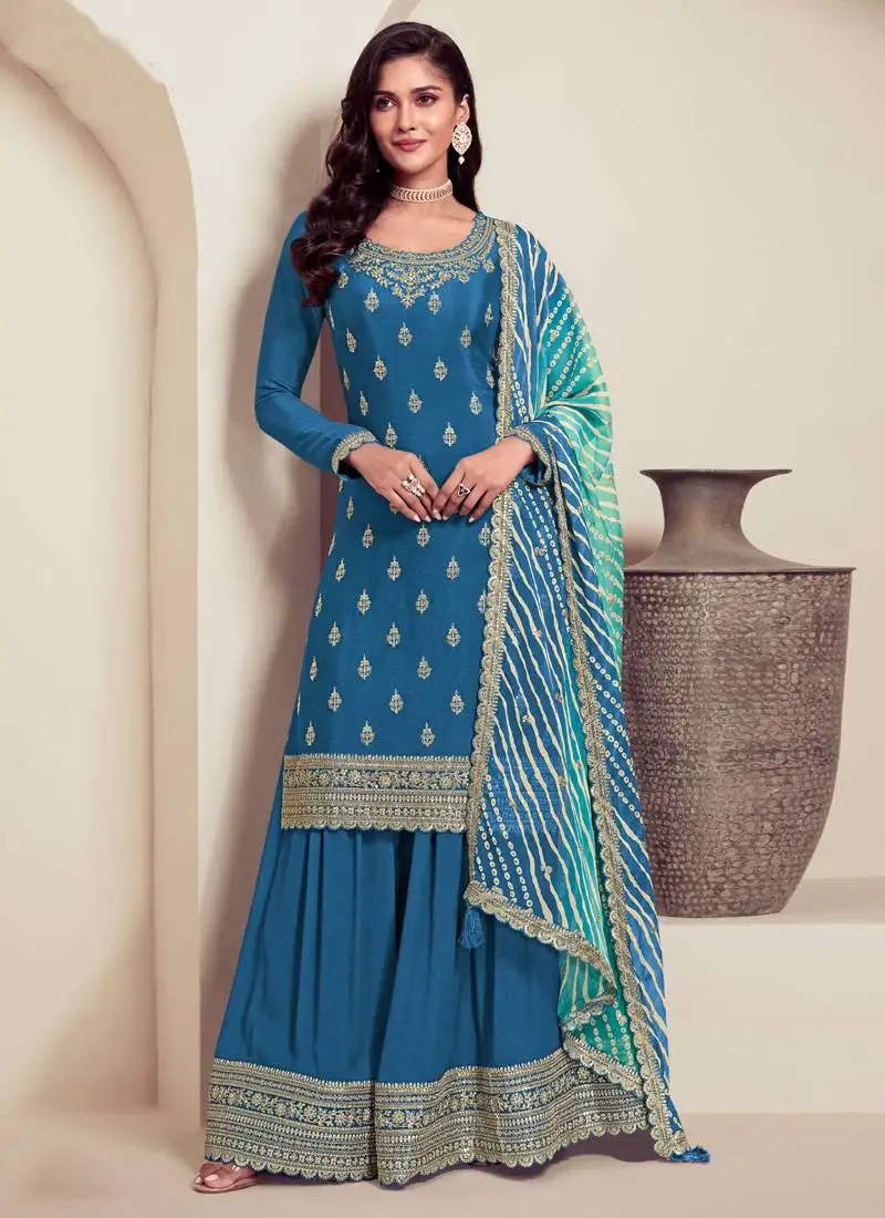 Aqua blue chinon silk embroidered sharara suit semi stitched