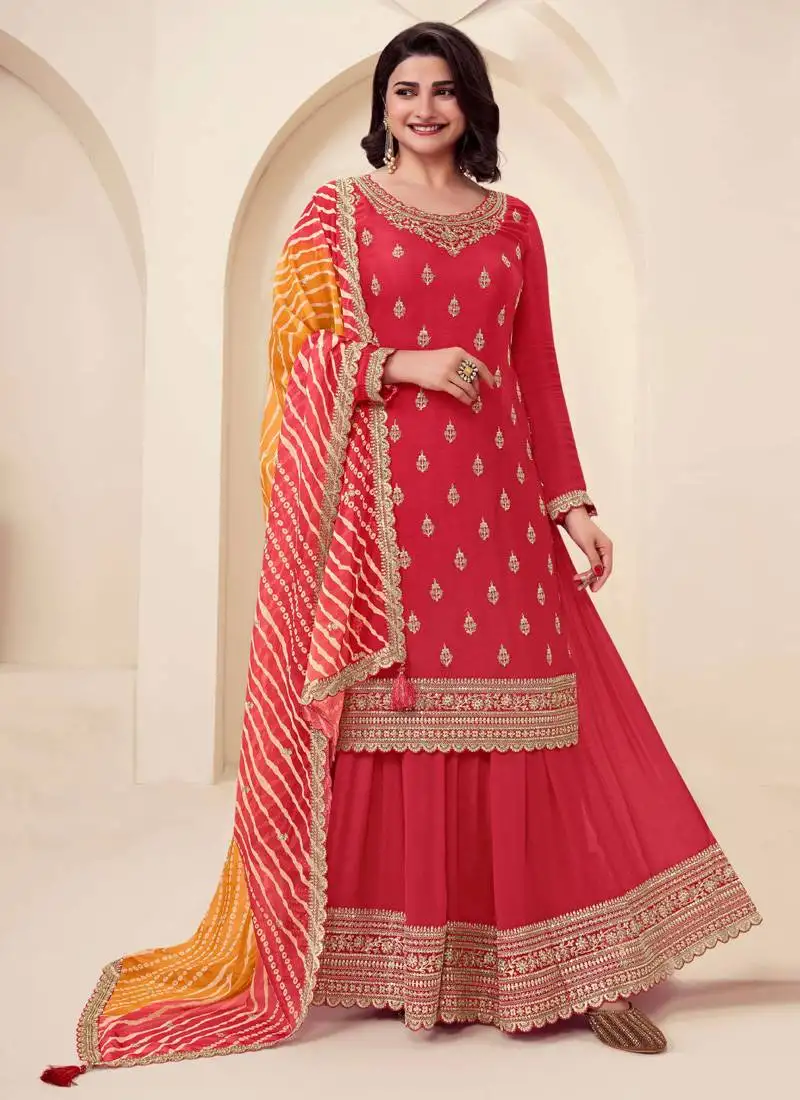 Red chinon silk embroidered sharara suit semi stitched