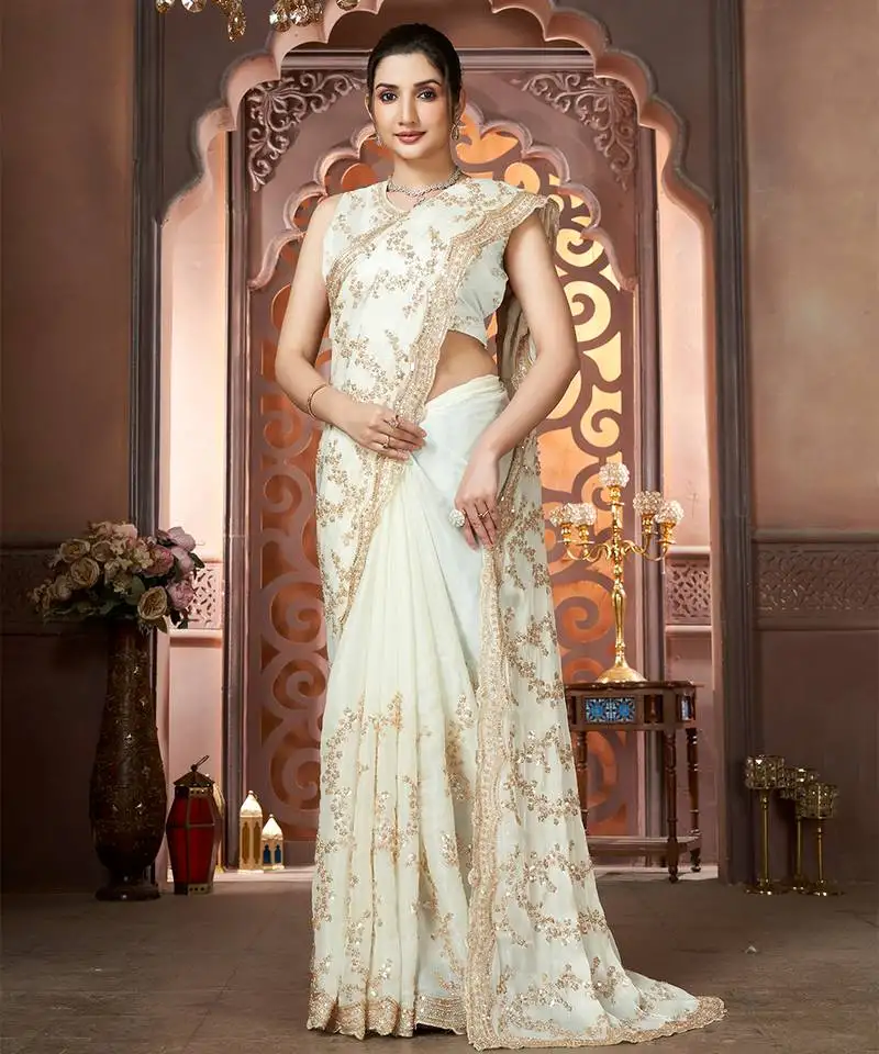 White organza sequin embroidered saree