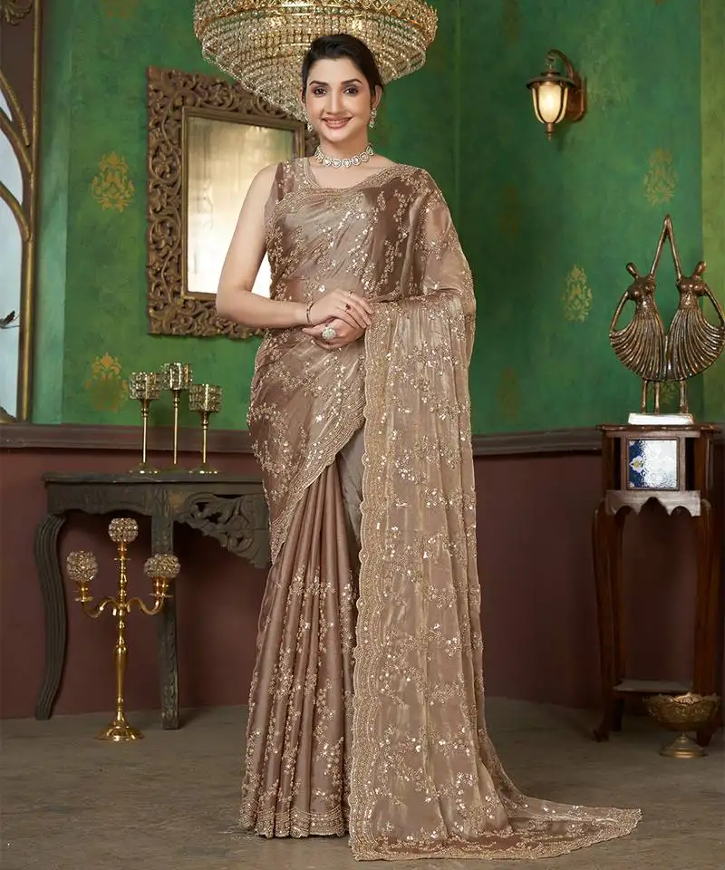 Light brown organza sequin embroidered saree