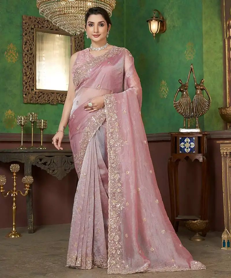 Pink sequin embroidered organza saree