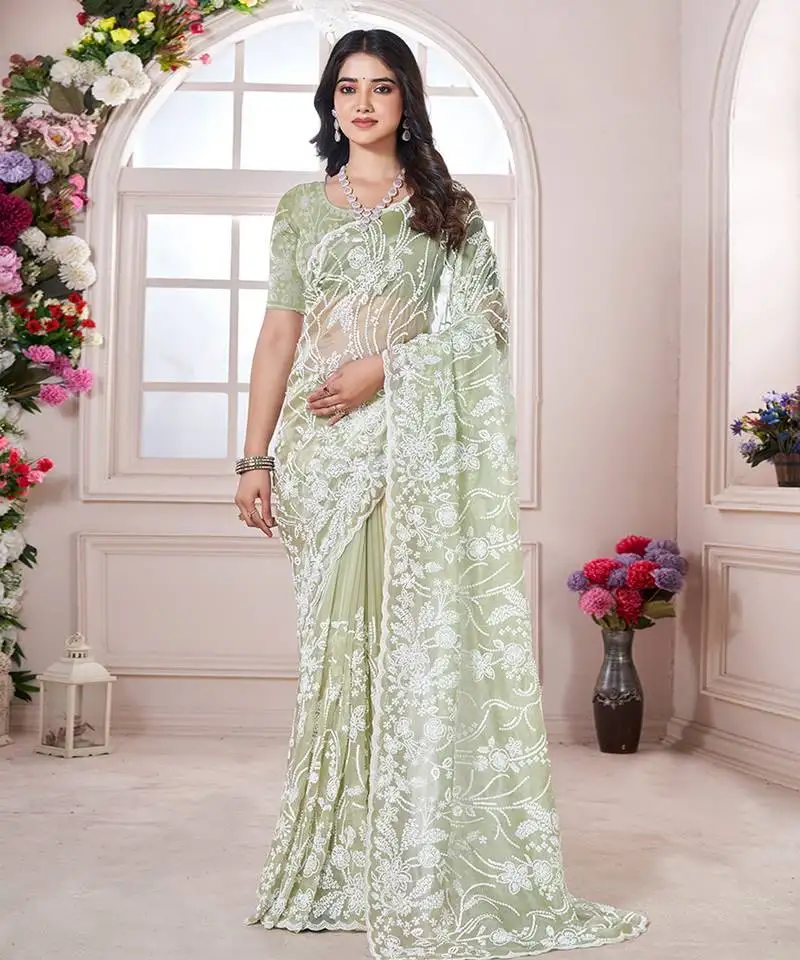Green net resham embroidered saree