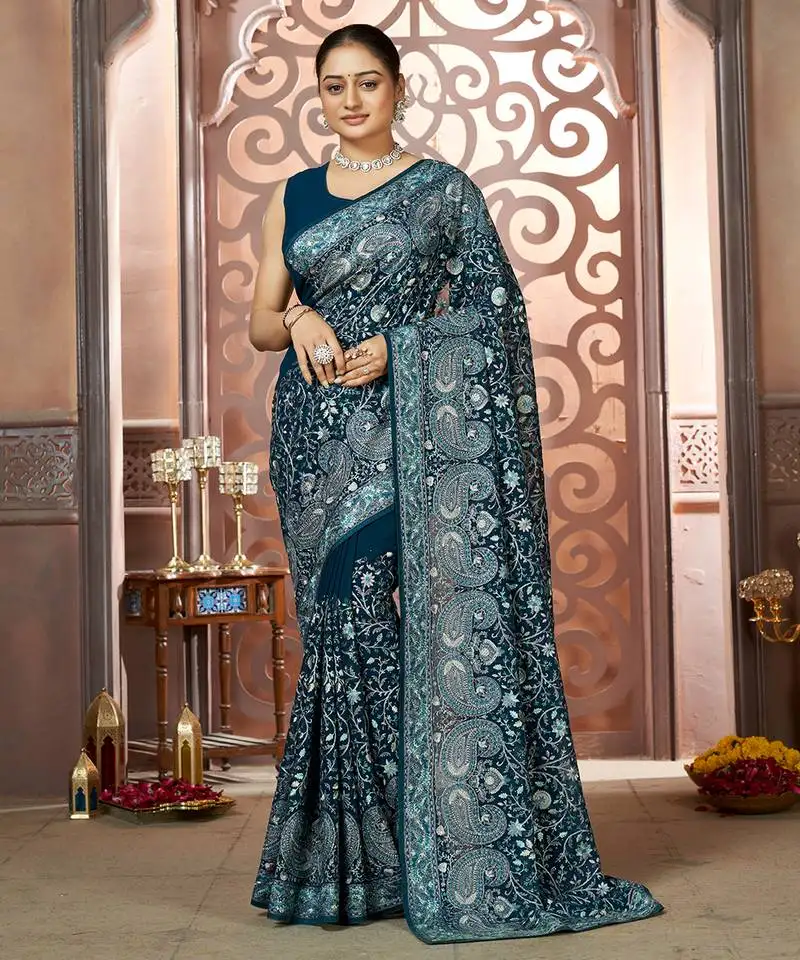 Navy blue georgette resham embroidered saree