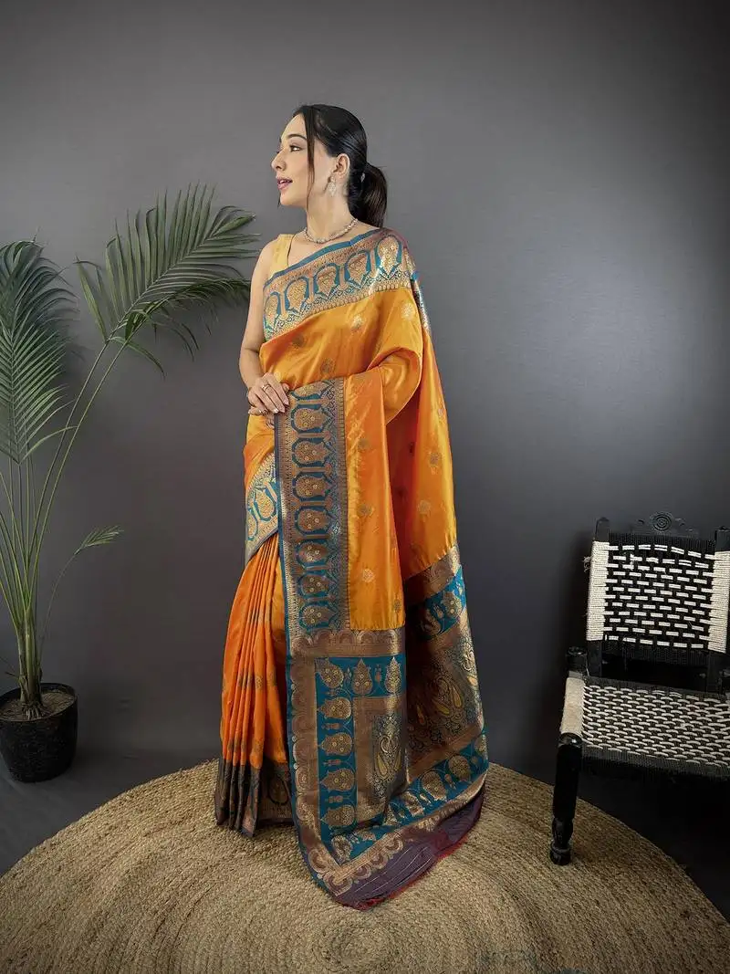 Orange silk blend butti zari weaving constrast pallu banarasi saree