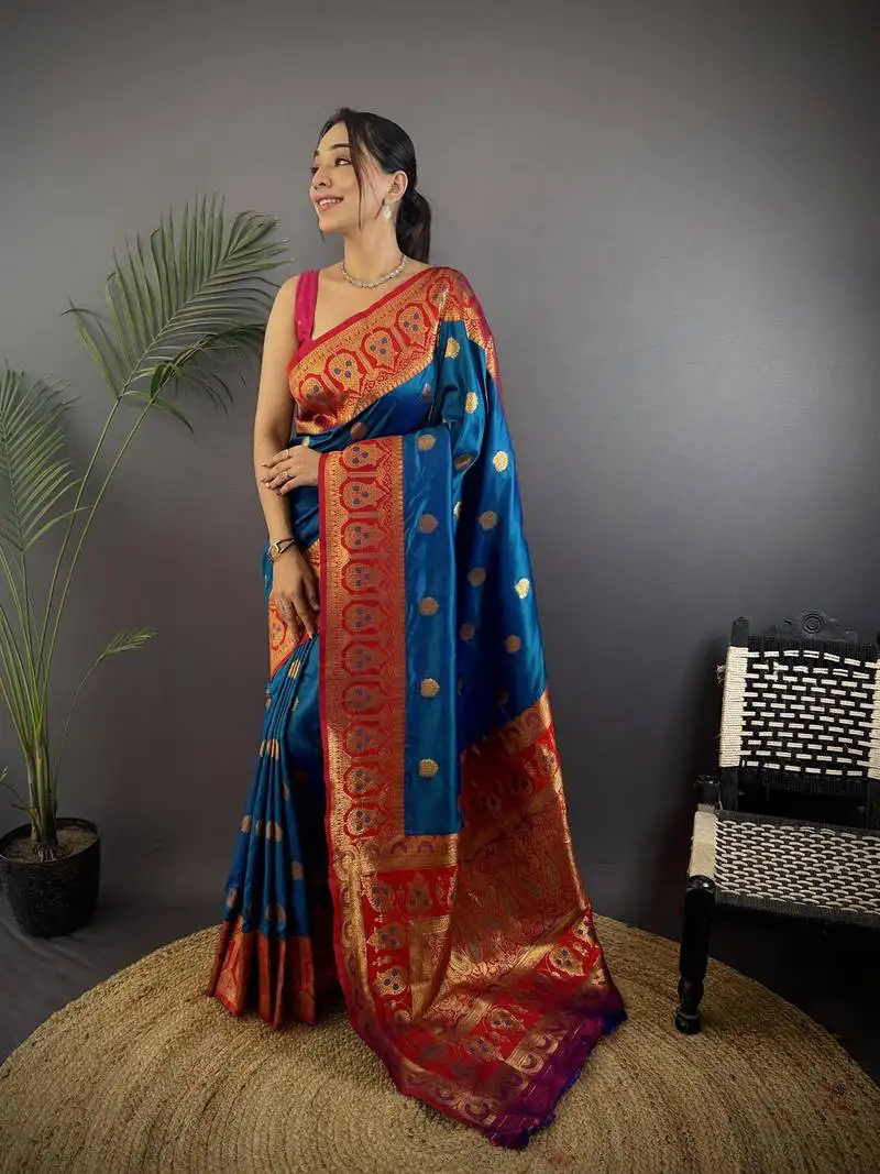 Regal blue silk blend butti zari weaving constrast pallu banarasi saree