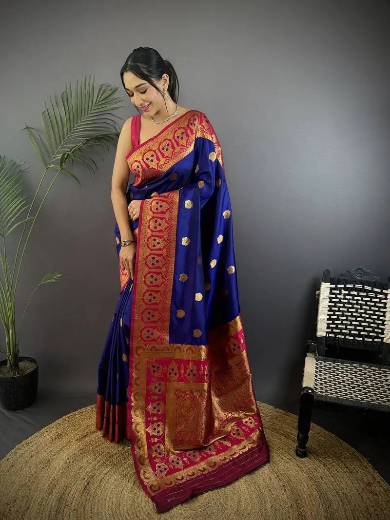 Royal blue silk blend butti zari weaving constrast pallu banarasi saree