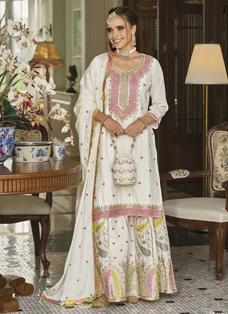 Off white chinon silk embroidered sequence palazzo suit stitched