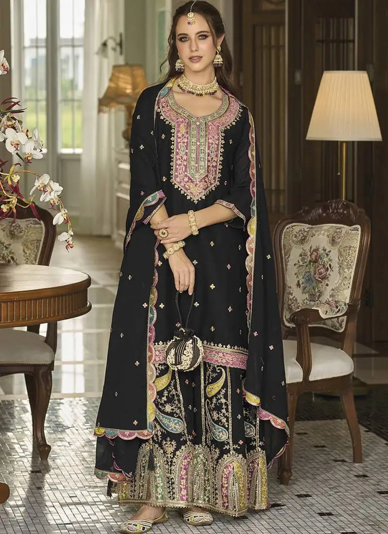 Black chinon silk embroidered sequence palazzo suit stitched