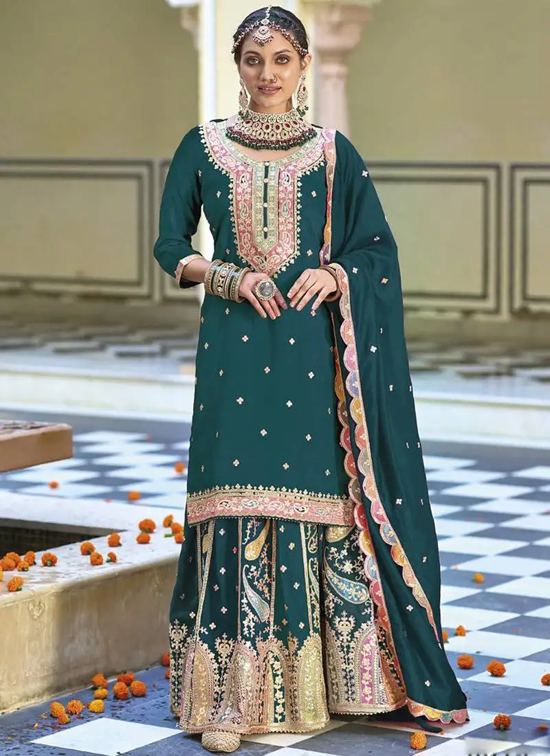 Rama blue chinon silk embroidered sequence palazzo suit stitched