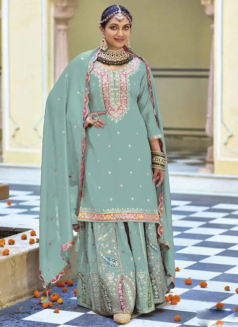 Sea greeen chinon silk embroidered sequence palazzo suit stitched