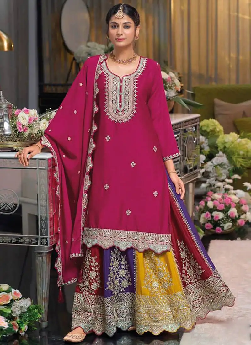Pink chinon silk embroidered sequence sharara suit stitched