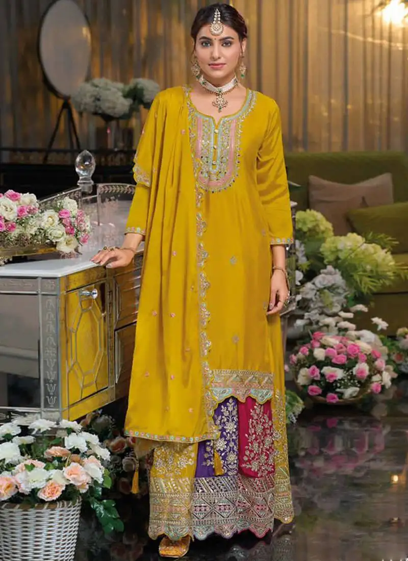 Yellow chinon silk embroidered sequence sharara suit stitched