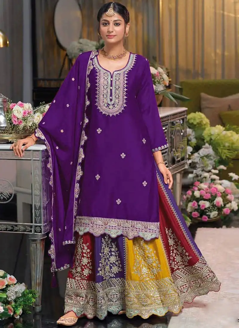 Violet chinon silk embroidered sequence sharara suit stitched