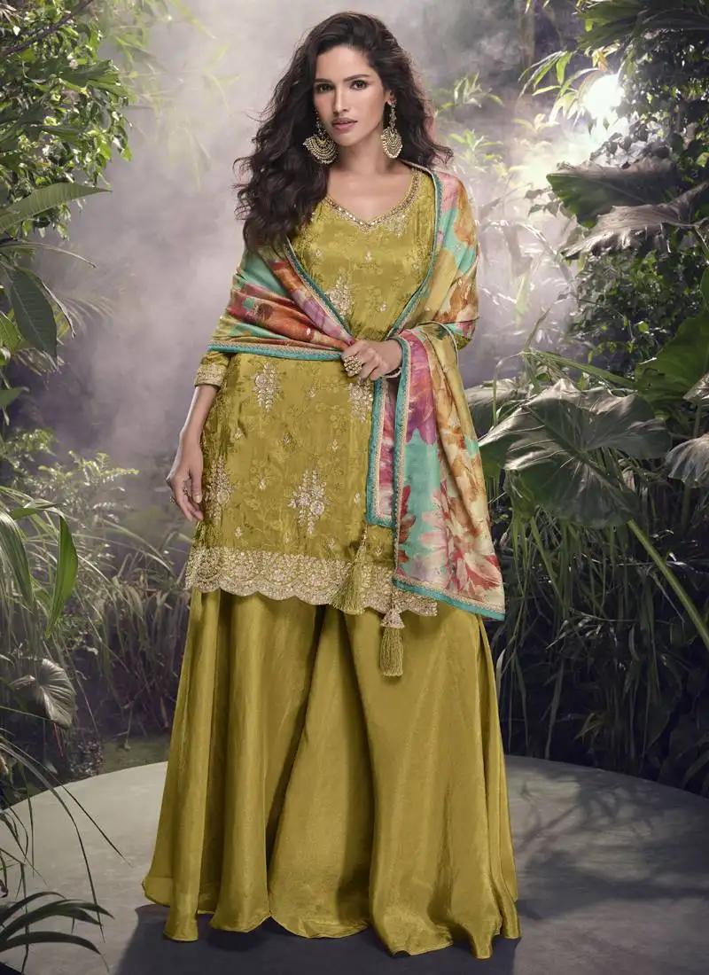 Mustard chinon silk embroidered palazzo suit stitched