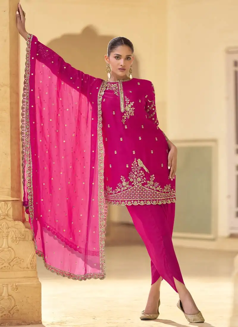 Pink crepe silk embroidered dhoti style suit stitched