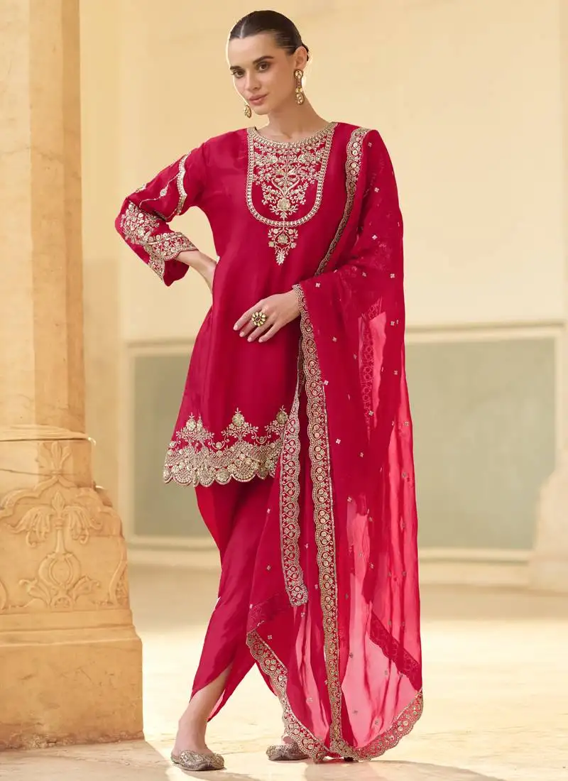 Red crepe silk embroidered dhoti style suit stitched
