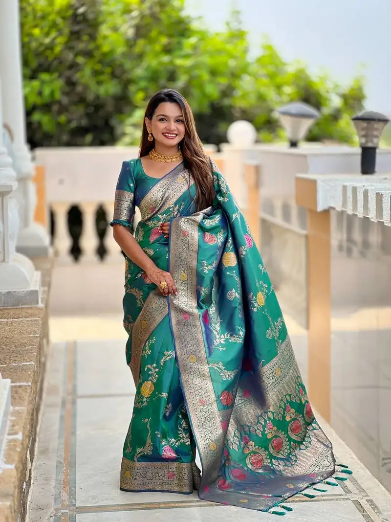 Aqua green floral banarasi silk blend woven saree with matching blouse