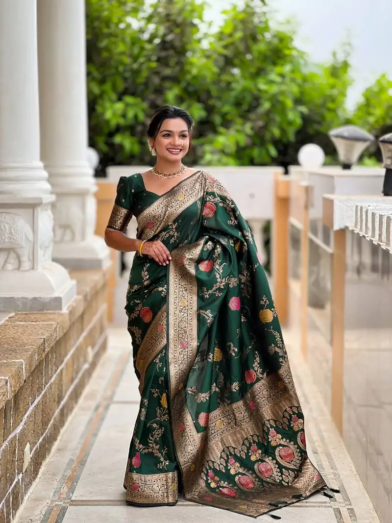 Bottale green floral banarasi silk blend woven saree with matching blouse
