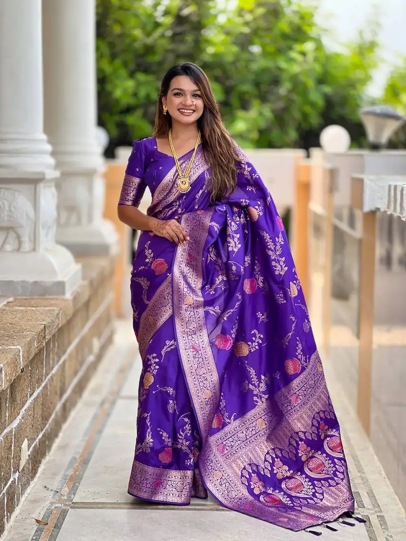 Purple floral banarasi silk blend woven saree with matching blouse