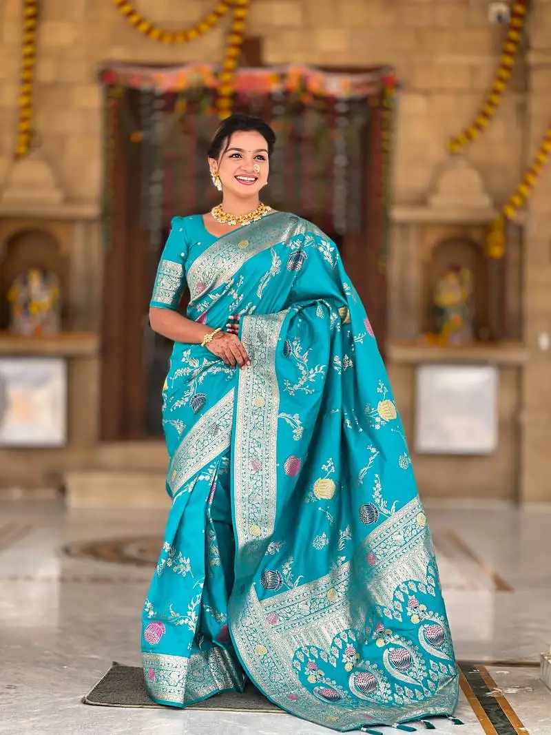 Light green floral banarasi silk blend woven saree with matching blouse