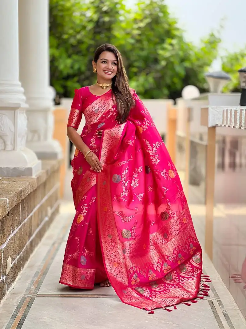 Rani pink floral banarasi silk blend woven saree with matching blouse