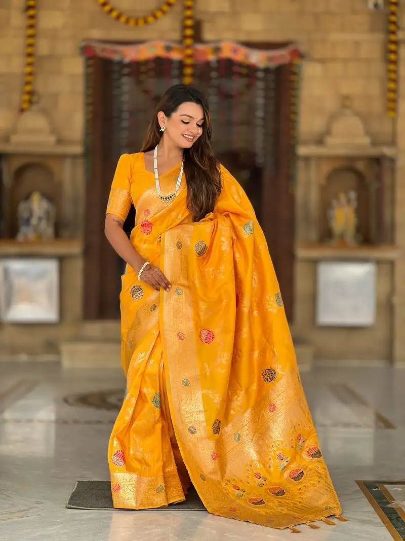 Yellow floral banarasi silk blend woven saree with matching blouse