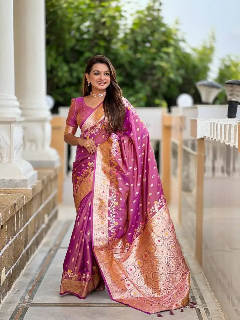 Onion floral art silk tassels saree with matching blouse