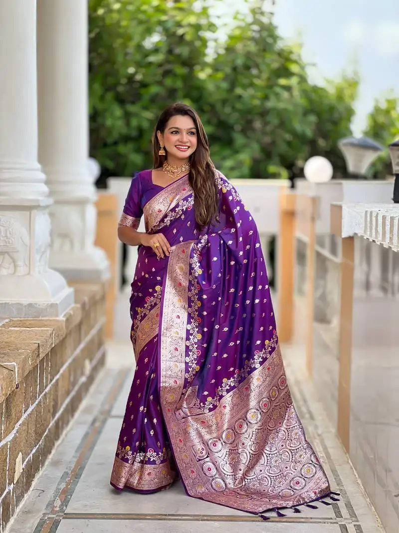 Purple floral art silk tassels saree with matching blouse