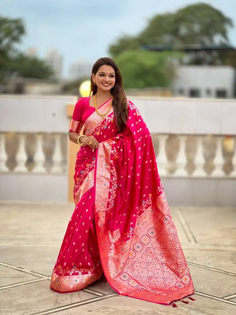 Rani pink floral art silk tassels saree with matching blouse