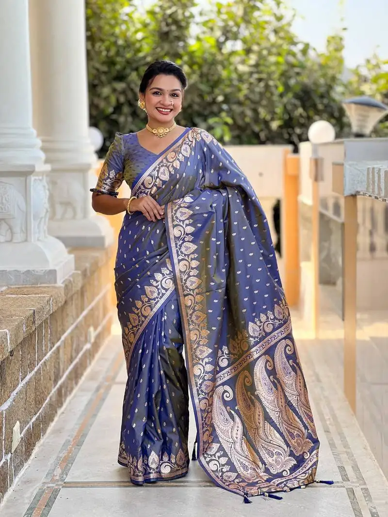 Blue geometric banarasi silk blend tassels saree with matching blouse