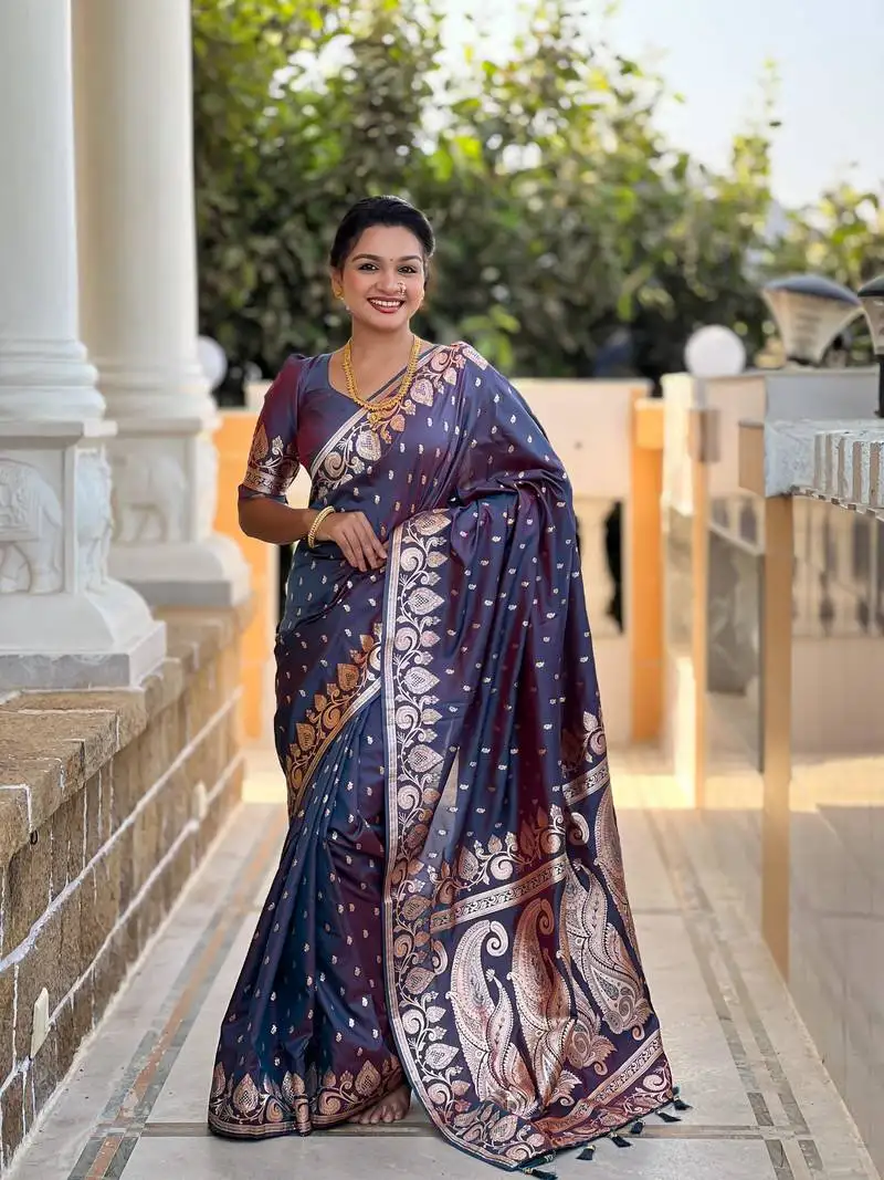 Grey ombre banarasi silk blend woven saree with matching blouse