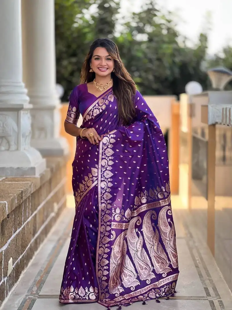 Purple ombre banarasi silk blend woven saree with matching blouse