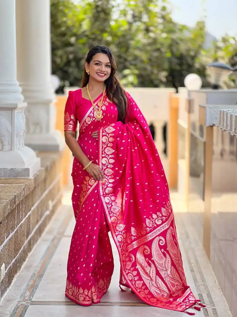 Rani pink ombre banarasi silk blend woven saree with matching blouse