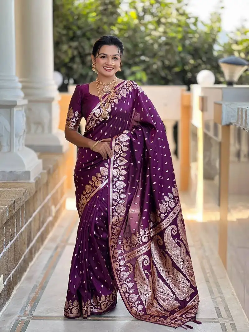 Wine ombre banarasi silk blend woven saree with matching blouse