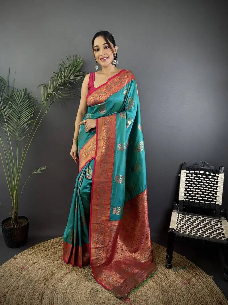 Teal silk blend peacock pattern zari weaving contrast border banarasi saree
