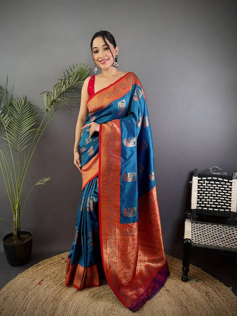 Blue silk blend peacock pattern zari weaving contrast border banarasi saree