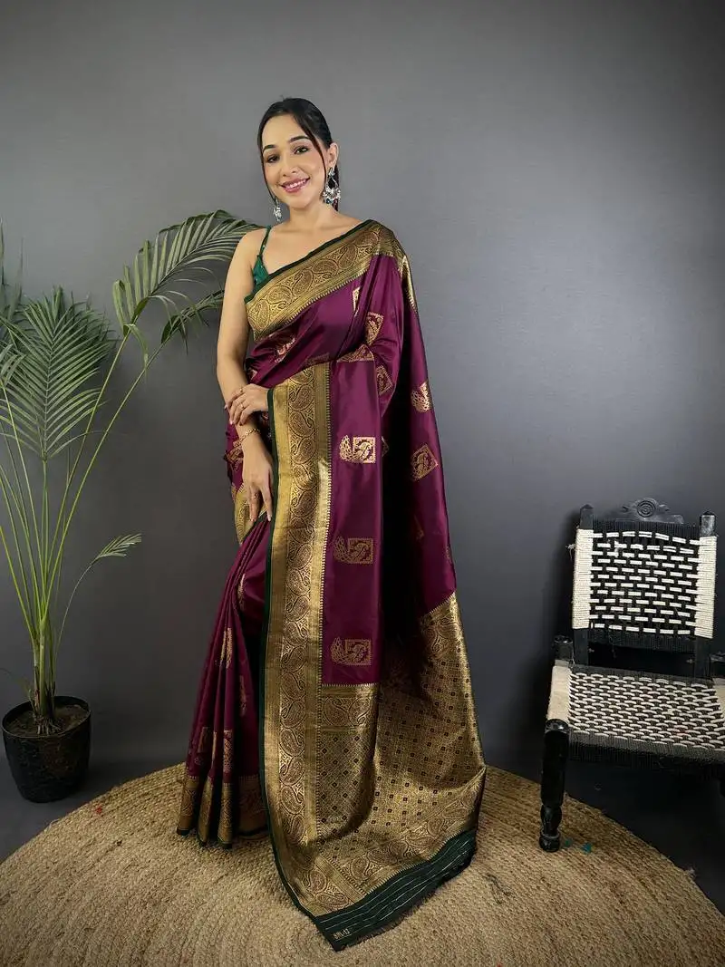 Purple silk blend peacock pattern zari weaving contrast border banarasi saree