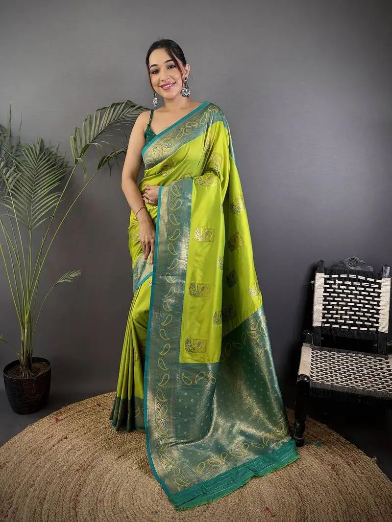 Lime green silk blend peacock pattern zari weaving contrast border banarasi saree