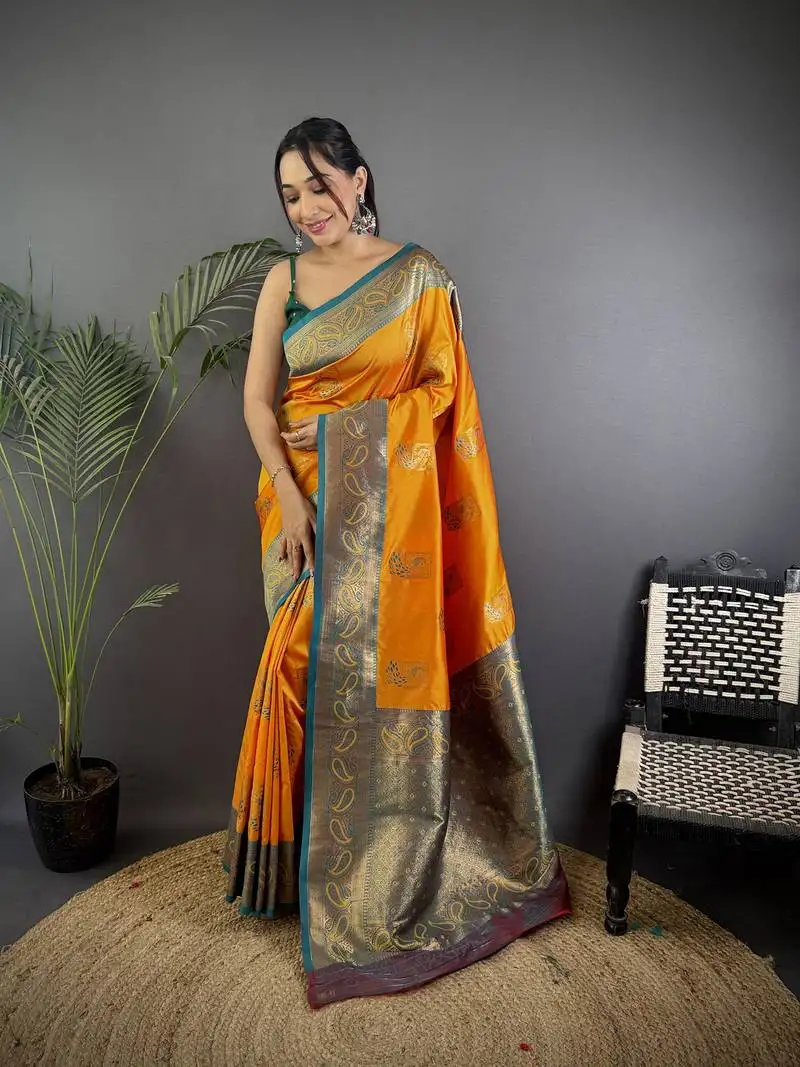 Orange silk blend peacock pattern zari weaving contrast border banarasi saree