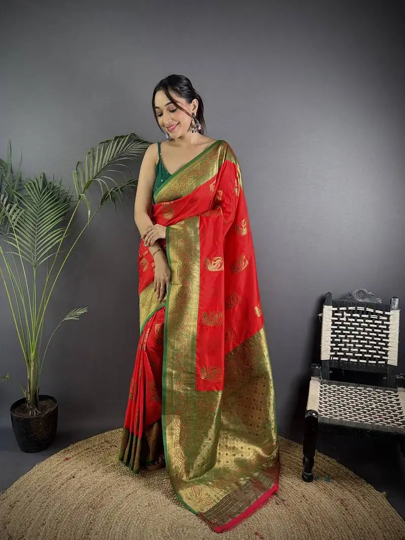 Red silk blend peacock pattern zari weaving contrast border banarasi saree