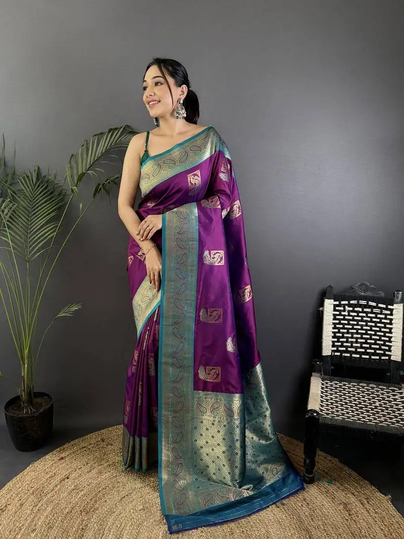Plum silk blend peacock pattern zari weaving contrast border banarasi saree