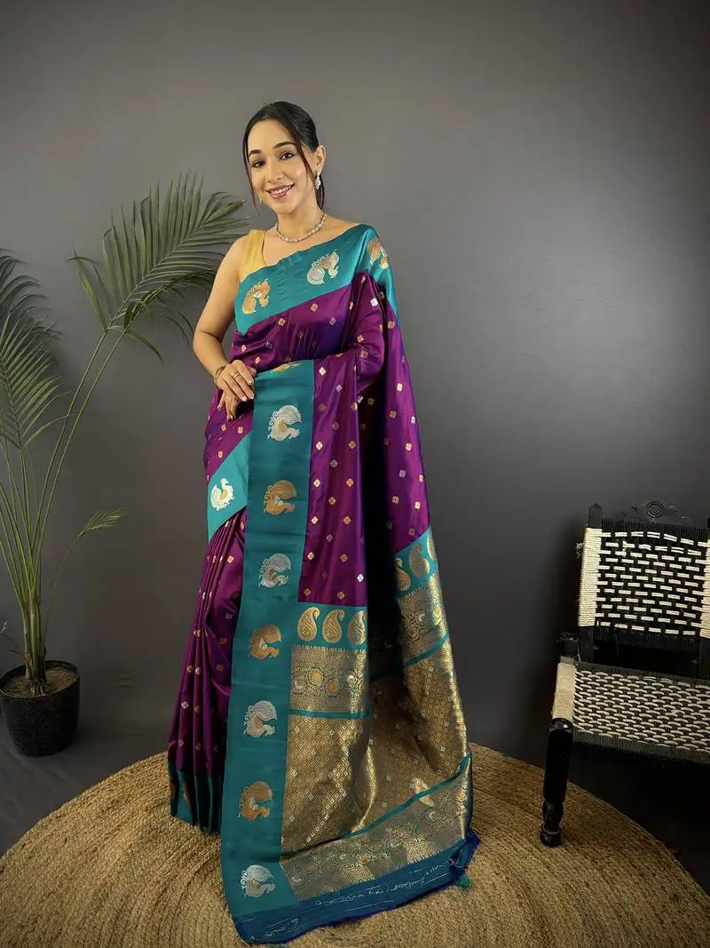 Purple silk blend butti zari weaving contrast weaving border banarasi saree