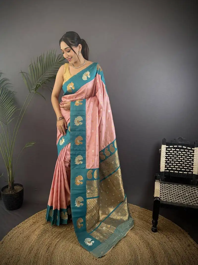 Light pink silk blend butti zari weaving contrast weaving border banarasi saree