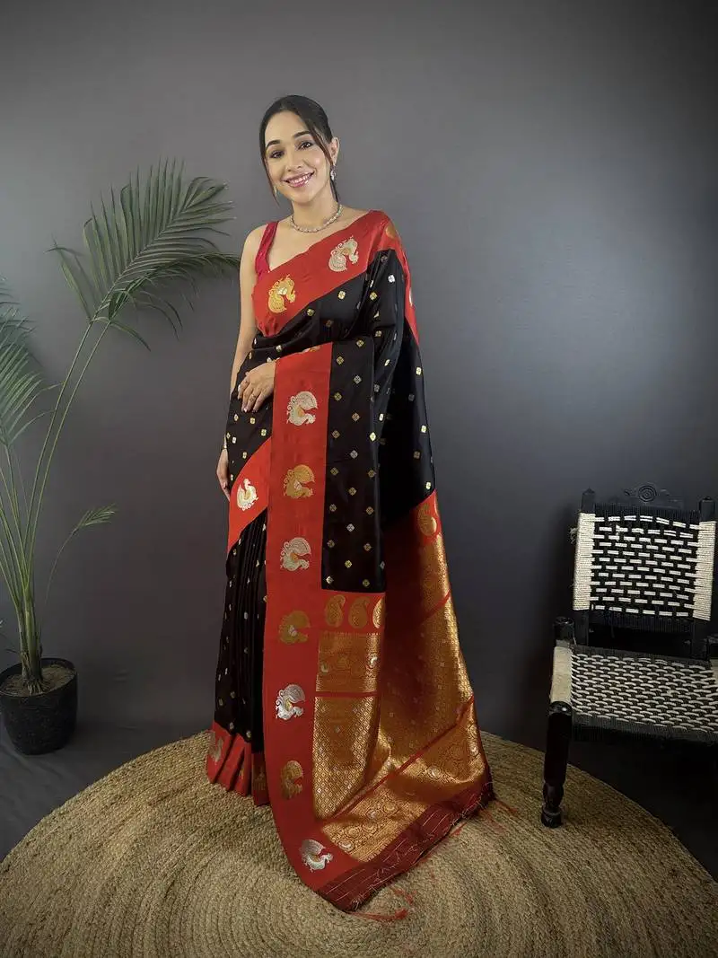 Black silk blend butti zari weaving contrast weaving border banarasi saree