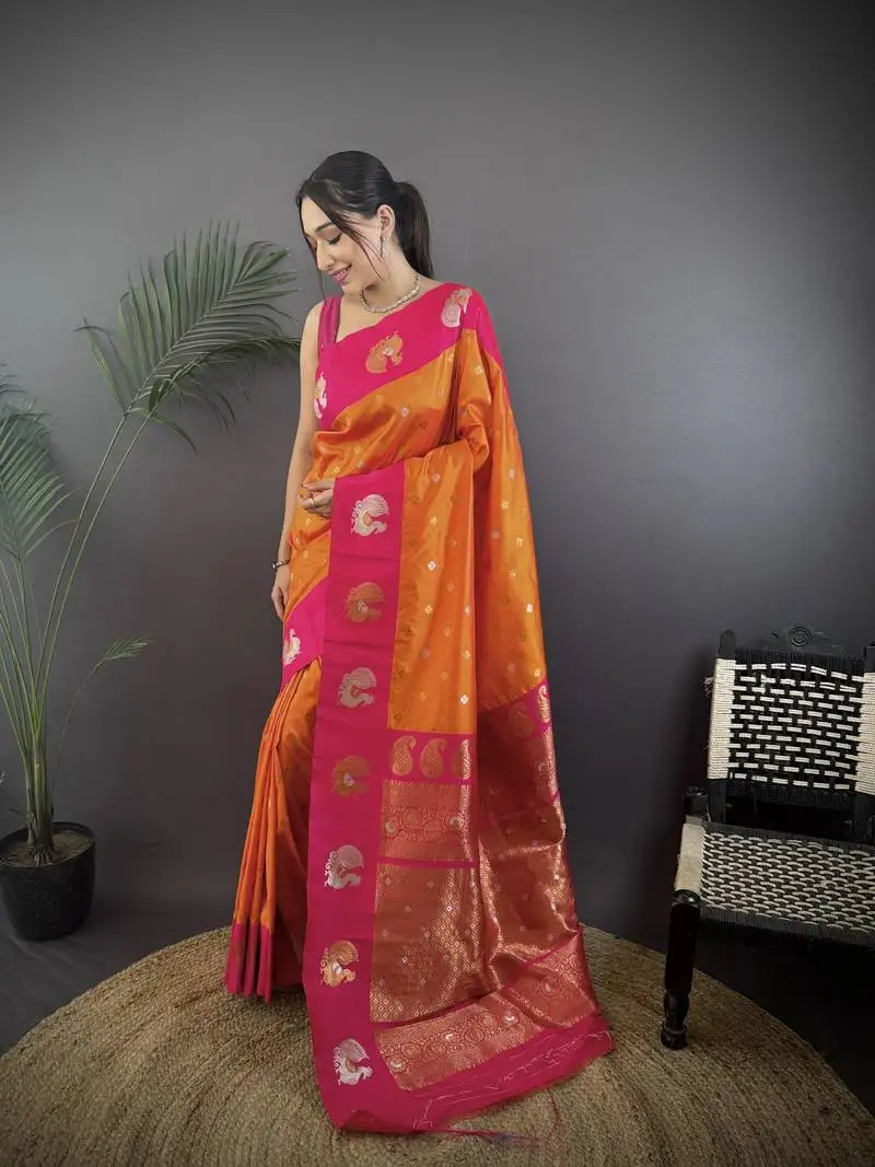 Orange silk blend butti zari weaving contrast weaving border banarasi saree
