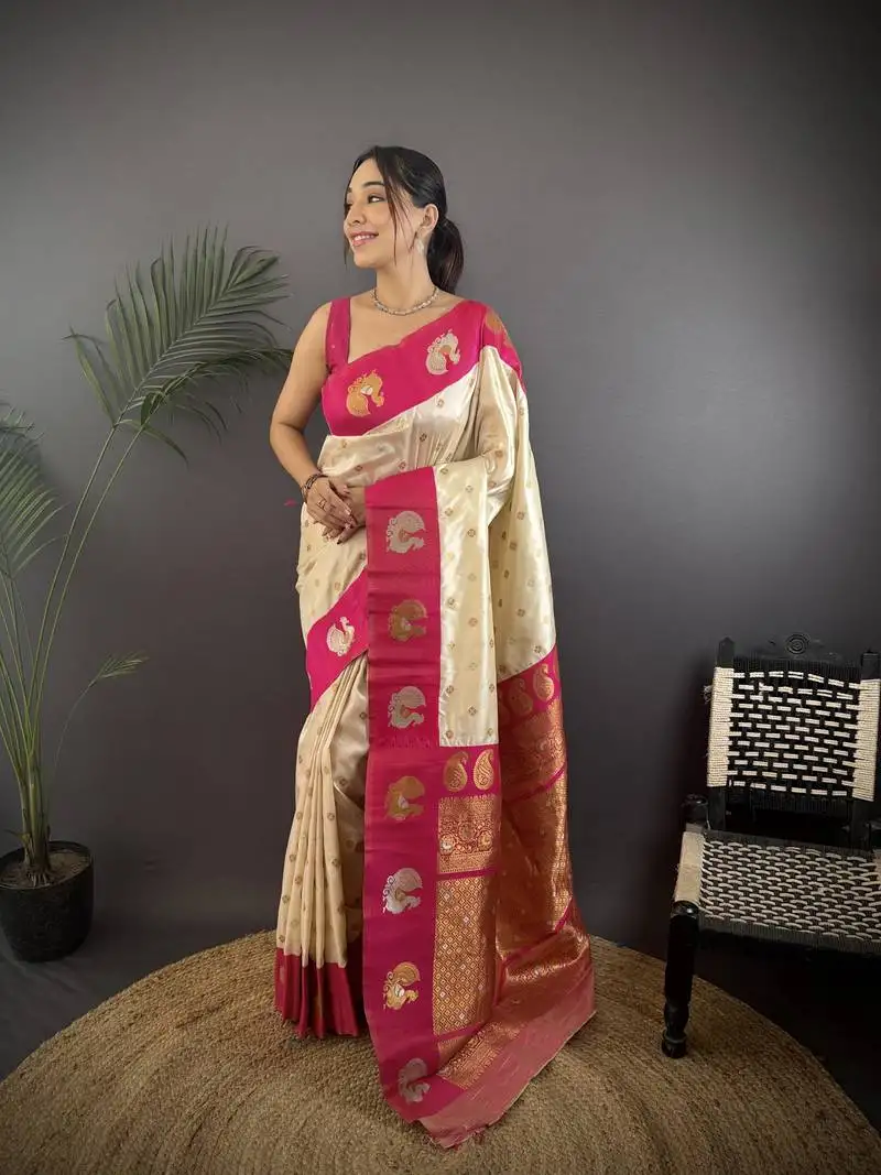 Off white silk blend butti zari weaving contrast weaving border banarasi saree