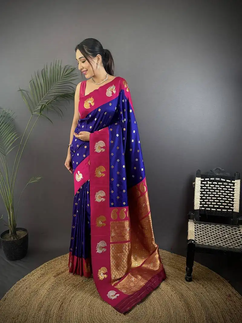 Navy blue silk blend butti zari weaving contrast weaving border banarasi saree