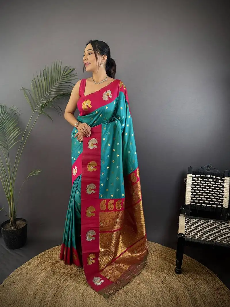 Turquoise silk blend butti zari weaving contrast weaving border banarasi saree